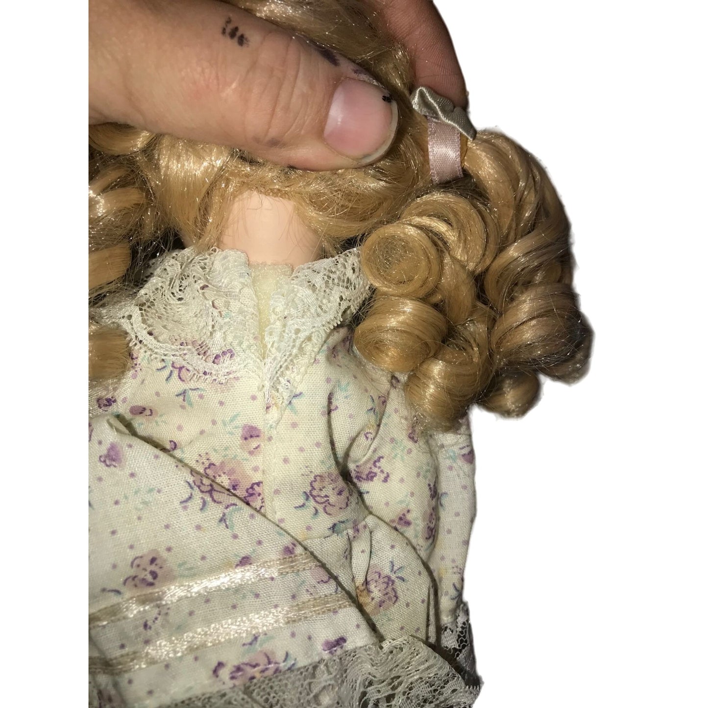 Sweet Faced 10" Porcelain doll - Fun long blonde curly Q Pigtails & big blue eyes - Beautiful face - great starter doll for your budding