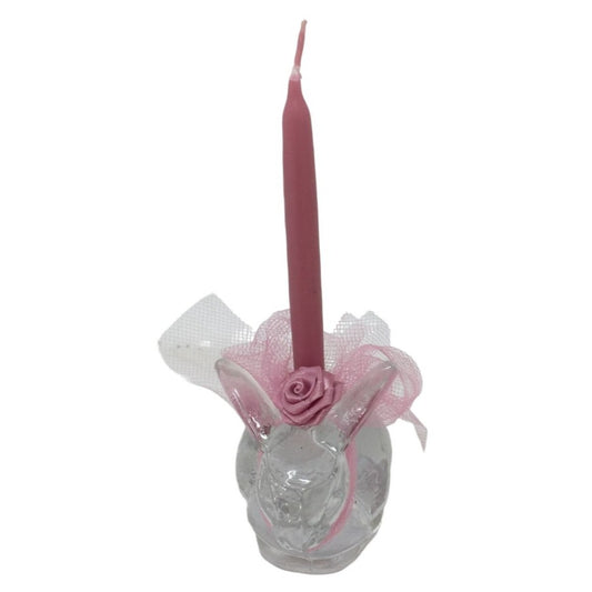 Small Clear Glass Rabbit Candlestick Holder - 4" Pink Candle (thin) Bow on Bunny - Cute