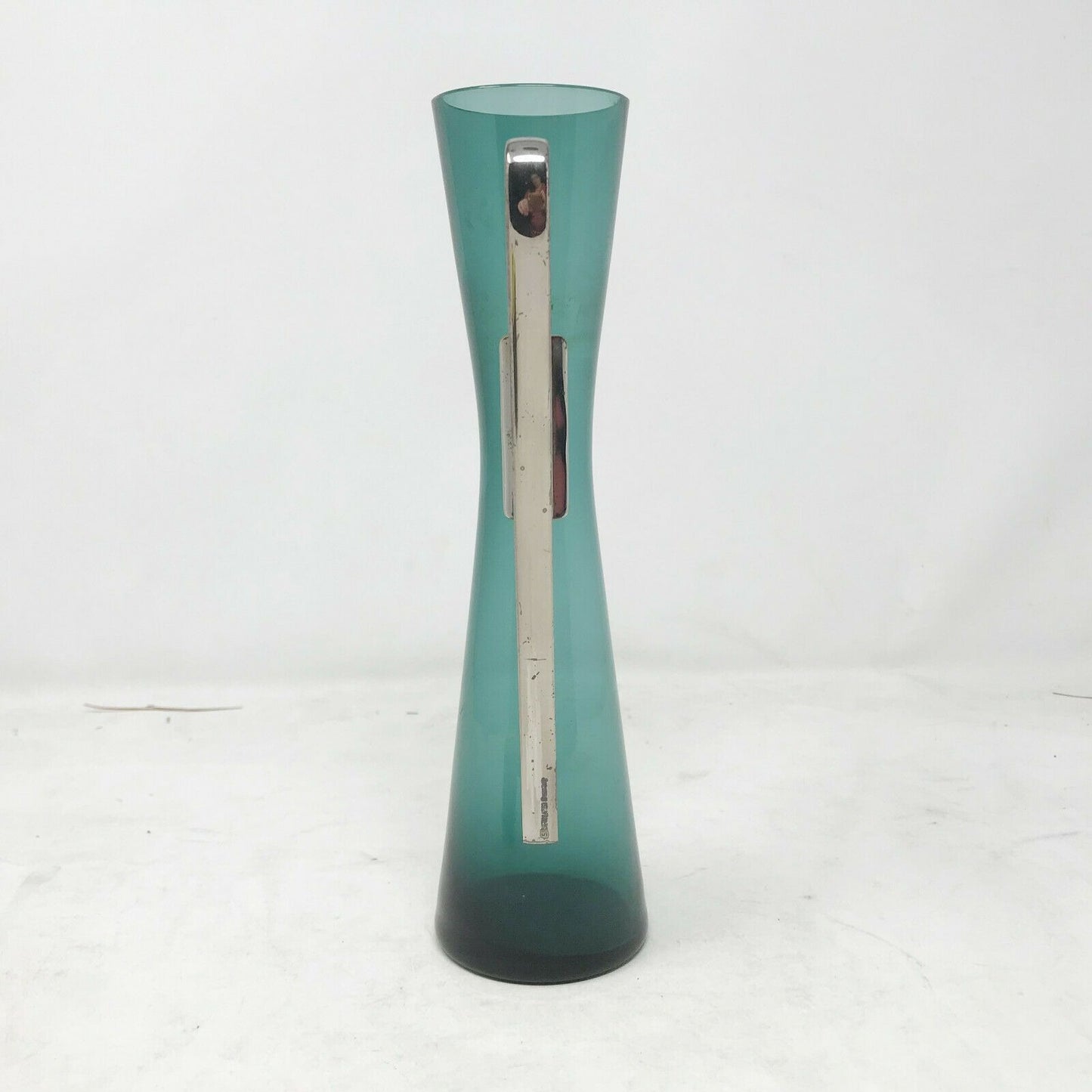 UNIQUE Greenish TEAL Glass PITCHER with Metal Handle Hourglass