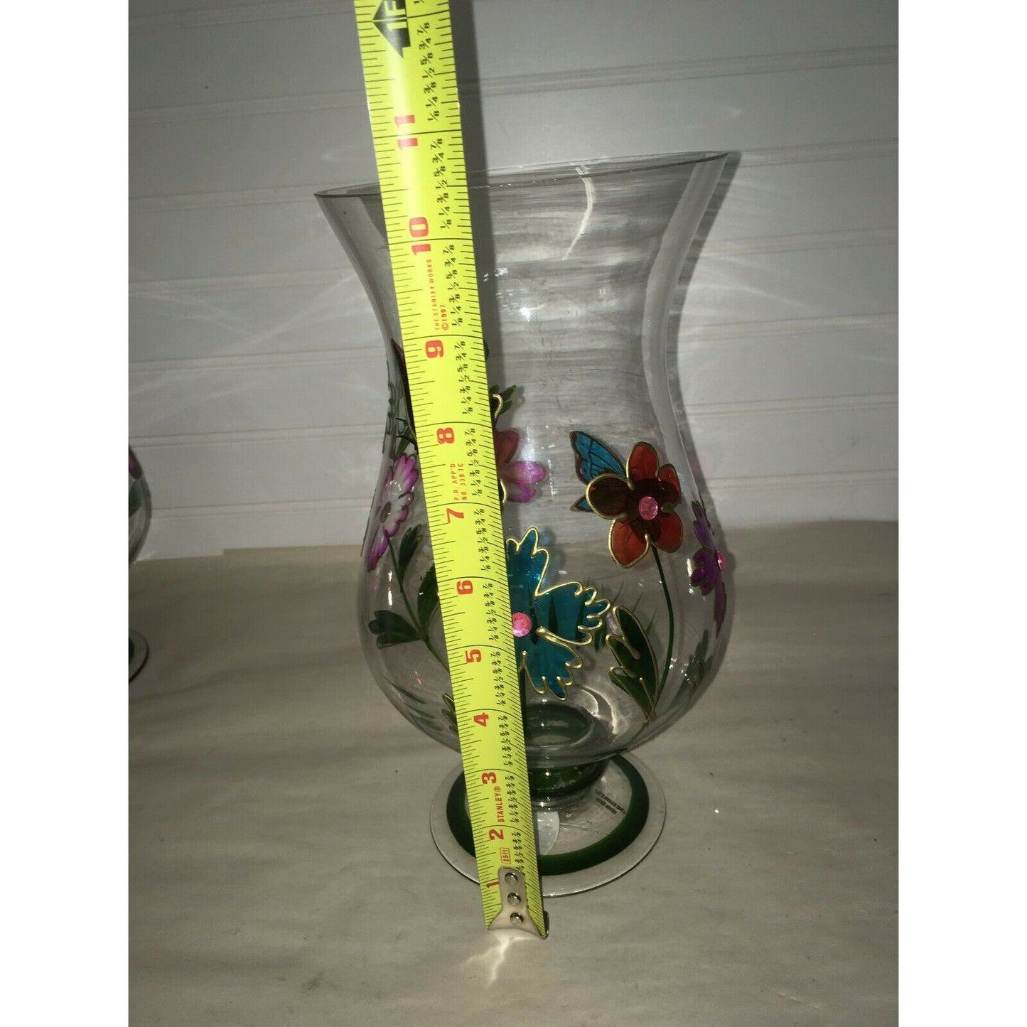 Tall Footed Clear Glass Vase w Hand Painted Flowers & Butterflies