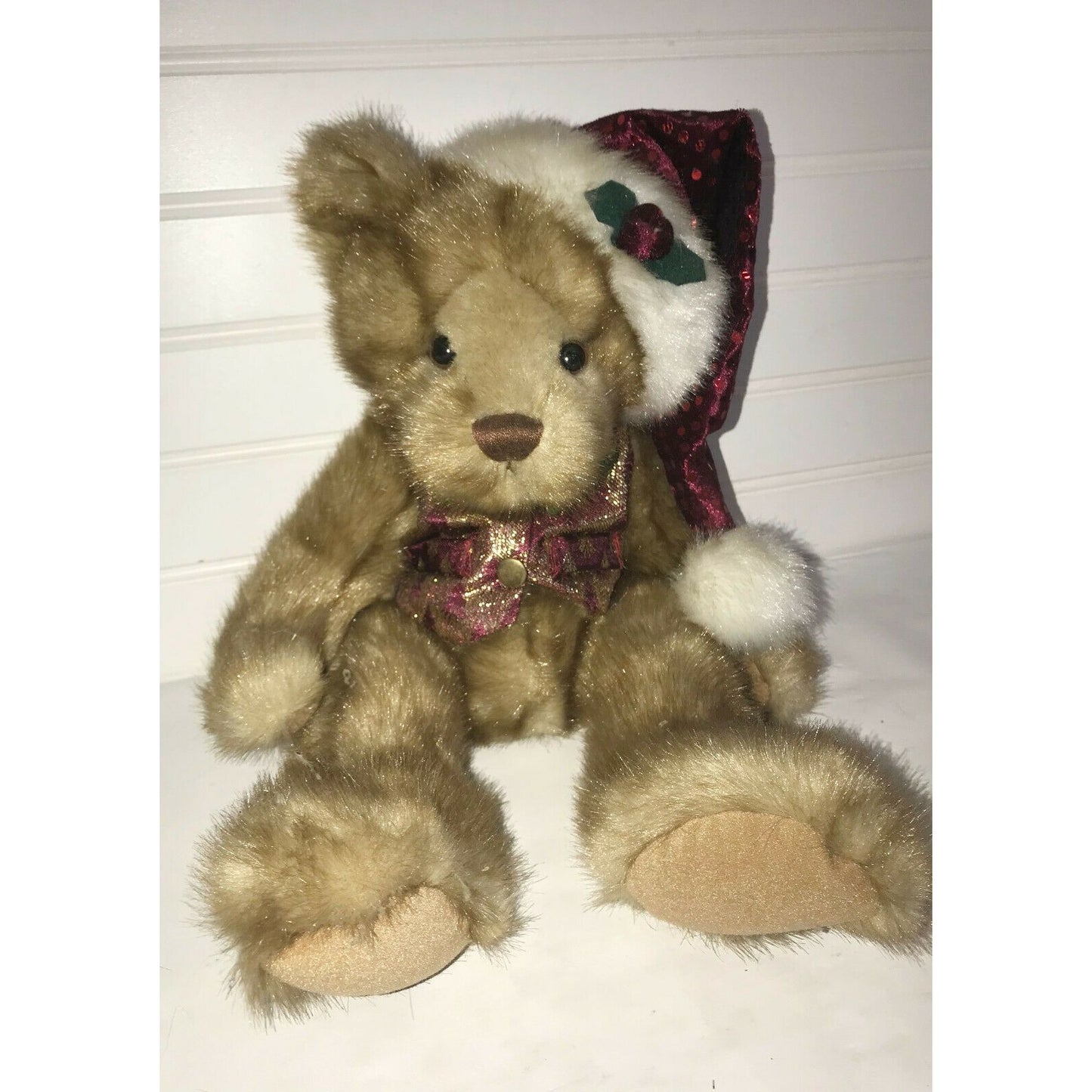 CHRISTMAS BEAR in SANTA Hat 13" Deep Red & Green Tie Holiday Decor