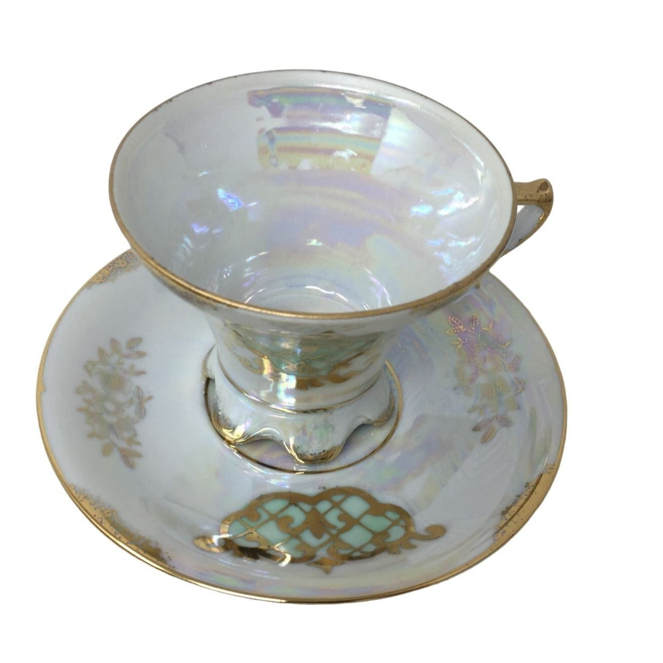 Family Crest Looking Pattern on this Iridescent Cup and Saucer Set - Gol Art / Filigree Accents - Great Find!