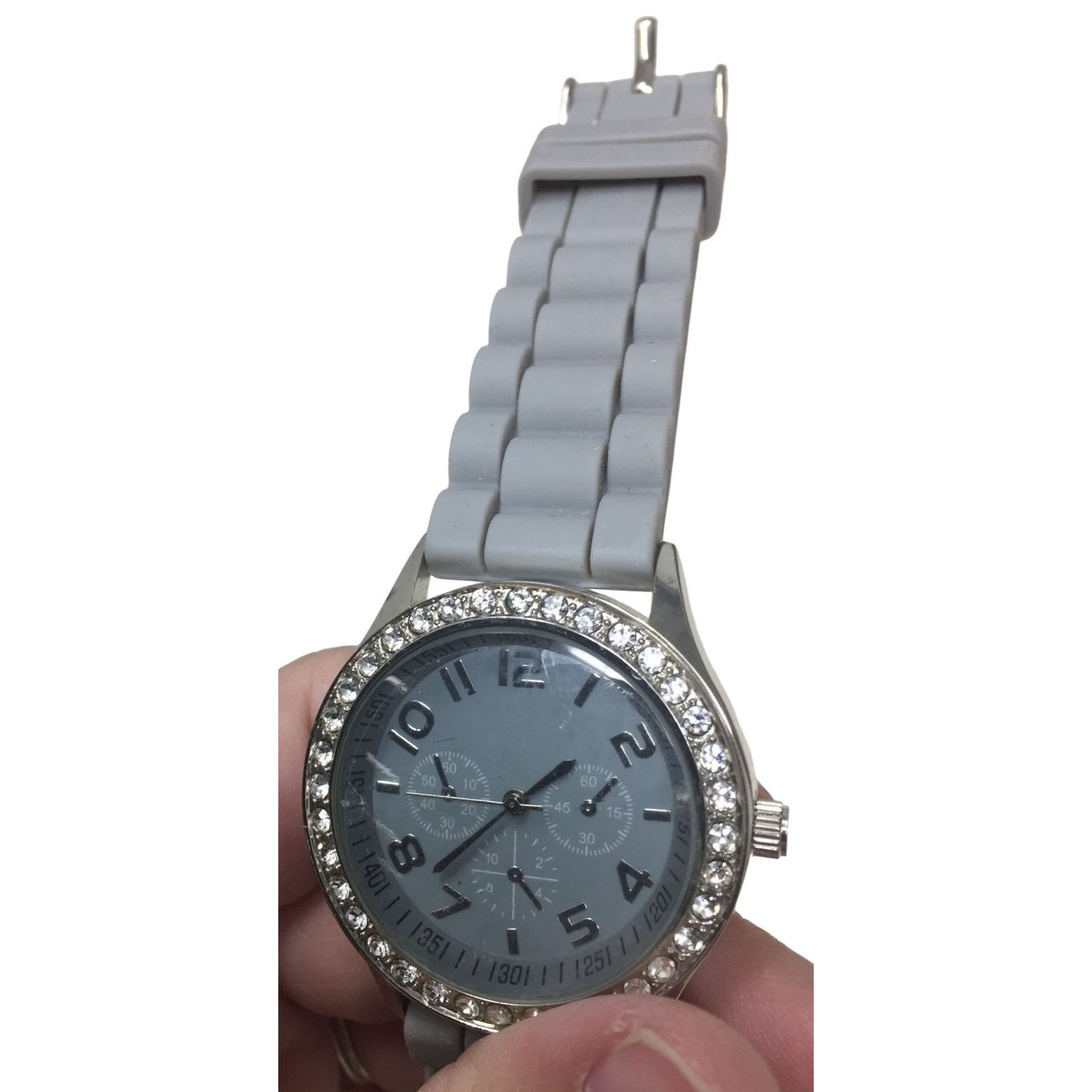 gray Rubber Band Watch with Rhinestones around face