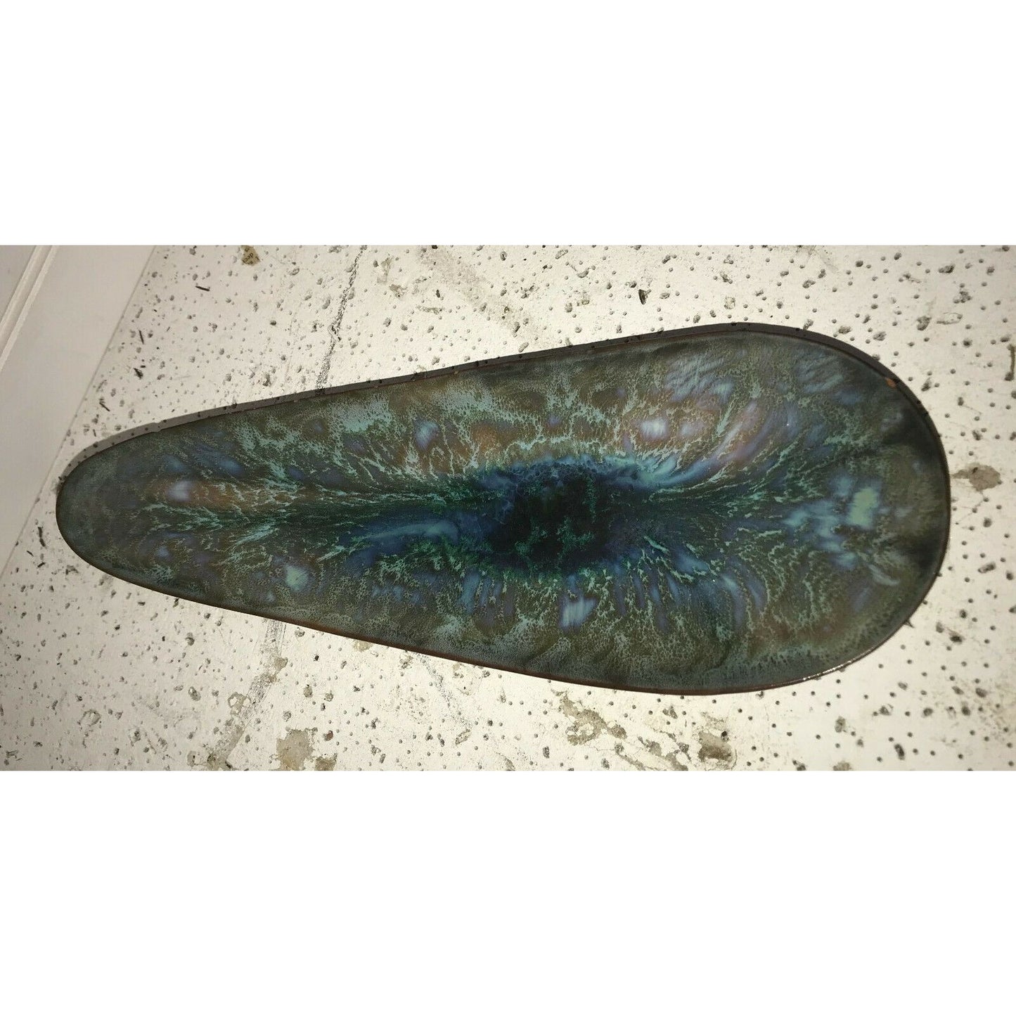 Elongated Art Pottery TRAY Clay w PEACOCK Feather Pattern on Top