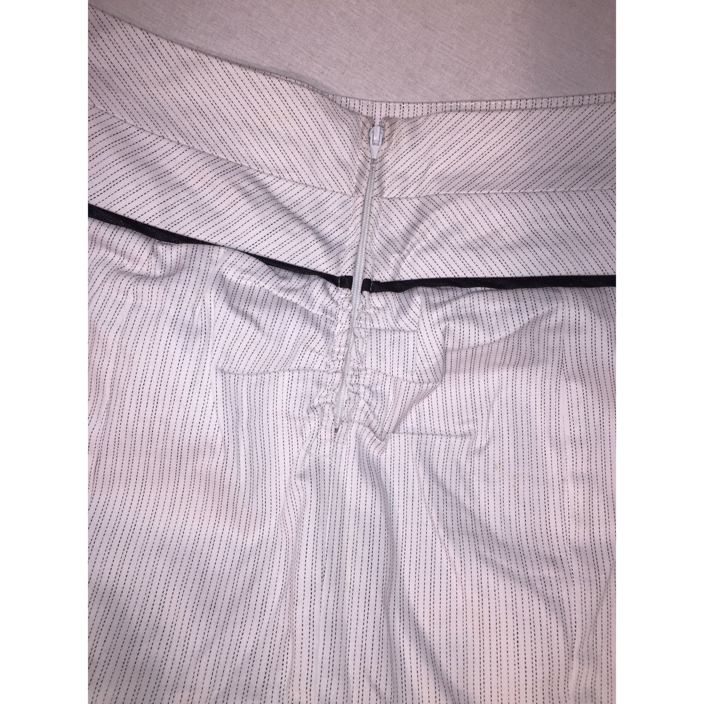 Takara White Pinstripe Skirt with back Ruffle - Approx. 20" from Waist to Hem