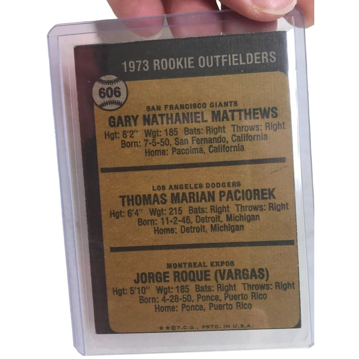 1973 ROOKIE Outfielders Card Gary Matthews, Tom Paciorek, Jorge Roque Card No. 606