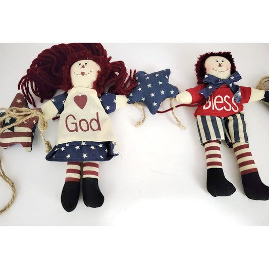 Vintage Raggedy Ann and Raggedy Andy 'God Bless America' Hanging decor - Patriotic home Decor - country style