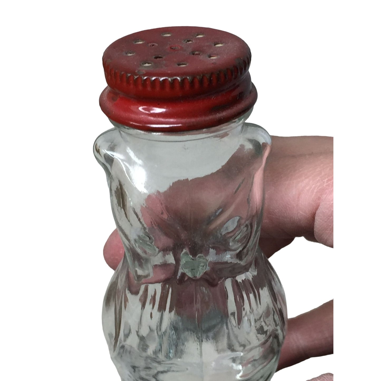 Clear Glass Owl Shaker with Red Tin Lid 4.25" Tall - Great Vintage FInd!