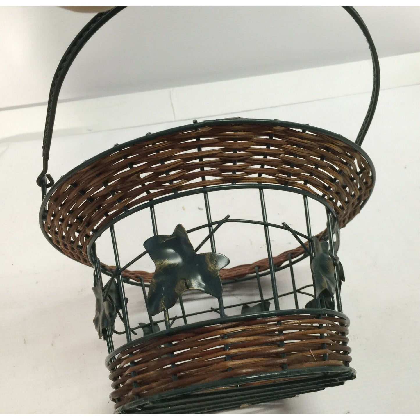 Decorative Metal Wire Basket w Wicker & Tall Handle - Metal Leaves