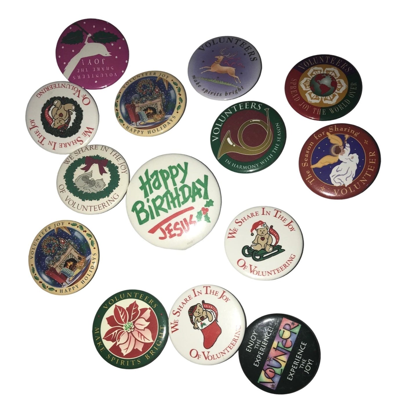 Vintage Christmas / Holidays Conversation / Button Pins Xmas Volunteering & Happy Birthday Jesus