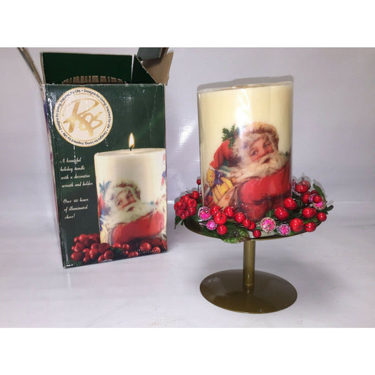 Christmas Decorative Candle w Smiling SANTA CLAUS Design, Wreath