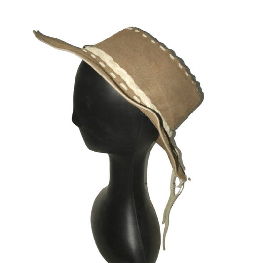 Suede Cowboy or Adventurer Hat - Light brown/tan and beige - Large suede strip seams and braided suede band. Unsure of size