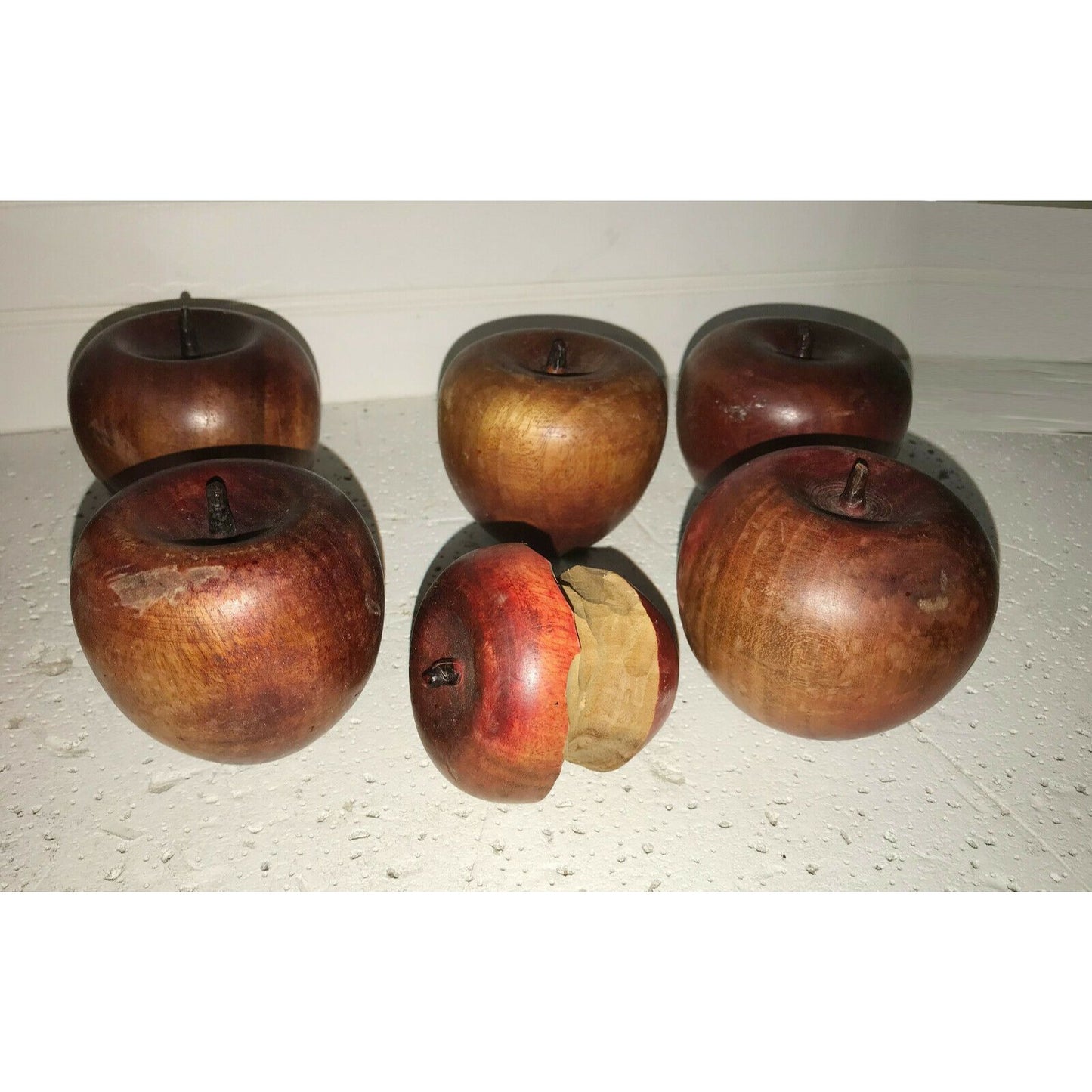 WOODEN APPLES Six Apples in Terra Cotta Basket Table Decor 1 Eaten