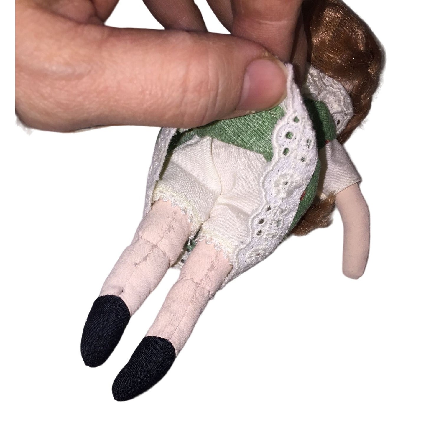 Small Companion Doll for a Larger Collectible Doll Braided Pigtails and Green pattern Dress