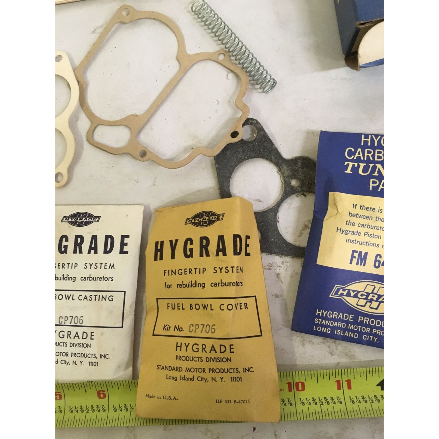 Vintage HYGRADE Carburetor Tune Up Parts Kit - in original box - all items shown included CP706 Fuel Bowl Casting CP705 Fuel Bowl Co