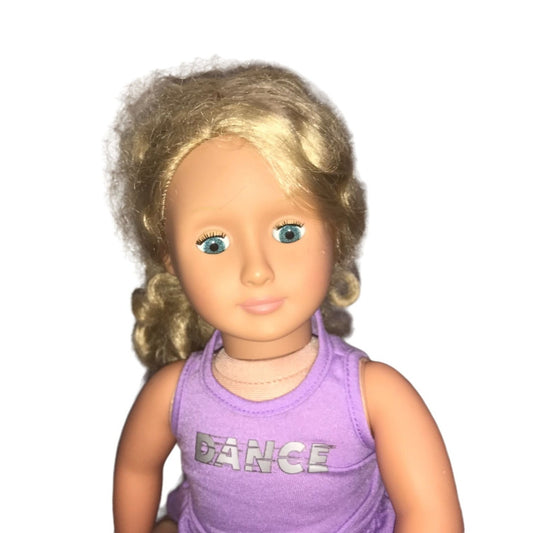 OUR GENERATION Blonde Long Haried 18" Doll with Sweet Face and Purple "DANCE" Shirt