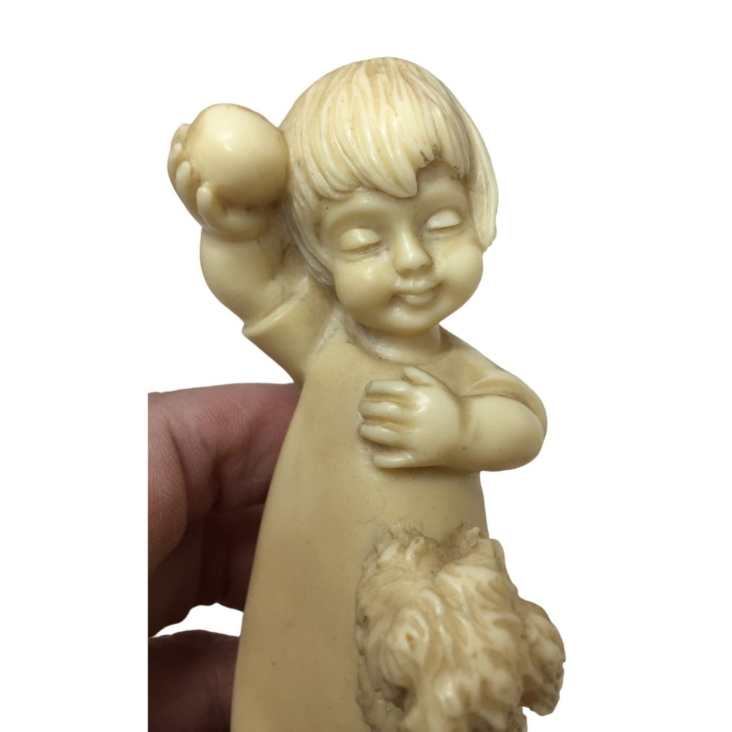 BIanchi Vintage (1979) Alabaster Figurine - Child Playing with Dog - Italy - Contented happy face