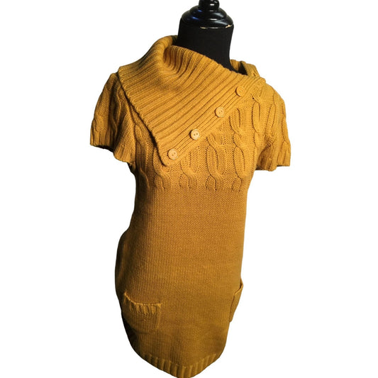 Unique Vintage Style Mustard Colored Sweater Dress with Turtleneck Button Collar