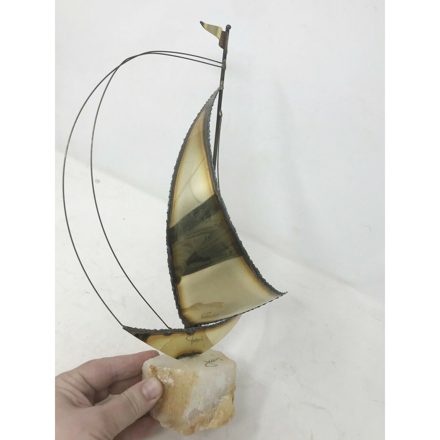 Mid-Century MODERN Brass SAILBOAT Sculpture QUARTZ Base SIGNED