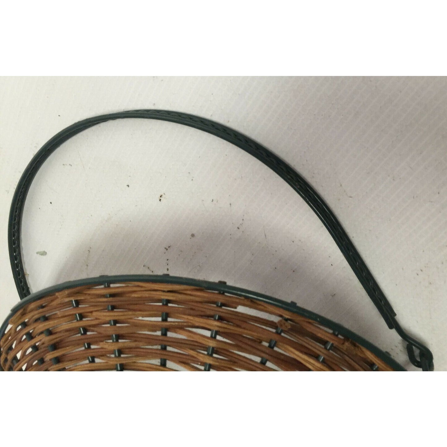 Decorative Metal Wire Basket w Wicker & Tall Handle - Metal Leaves