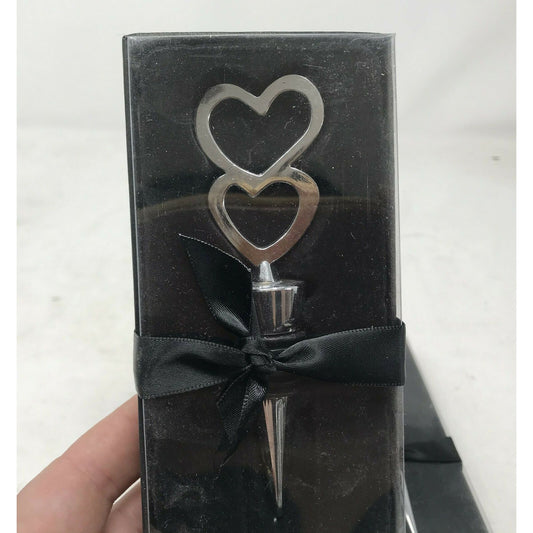 Silver Metal Double Heart Wine Bottle Stopper w/ Gift Box Wedding