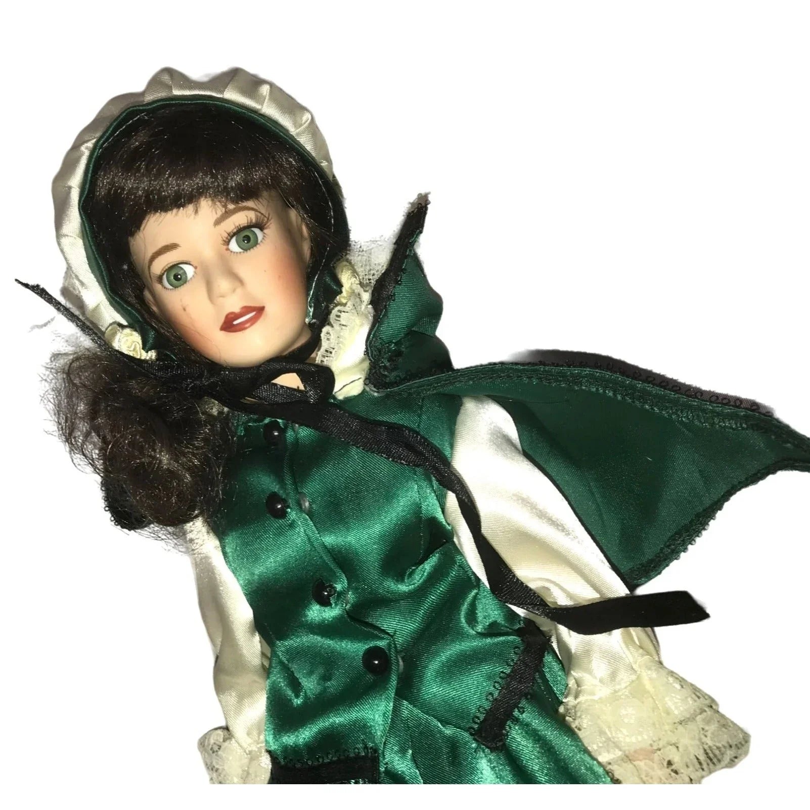 Royalton Collection 1998 porcelain doll - dark hair green silky dress - wig coming loose (need re-glued) - bright beautiful eyes - shoes pai Royalton Collection  A+ Stuff
