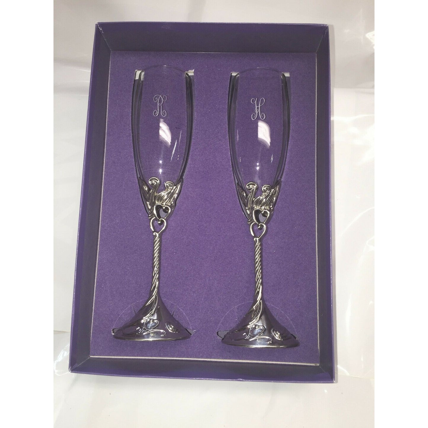 Pair WEDDING Toasting Flutes w Hearts Silver Base Etched 'R' & 'H'