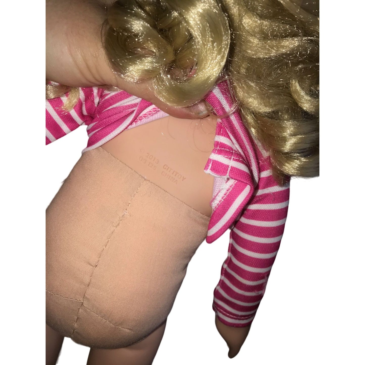 Blonde Doll with PInk and  White shirt,  Cabbage Patch denim pants and shoes - Cute fun Vinyl Doll