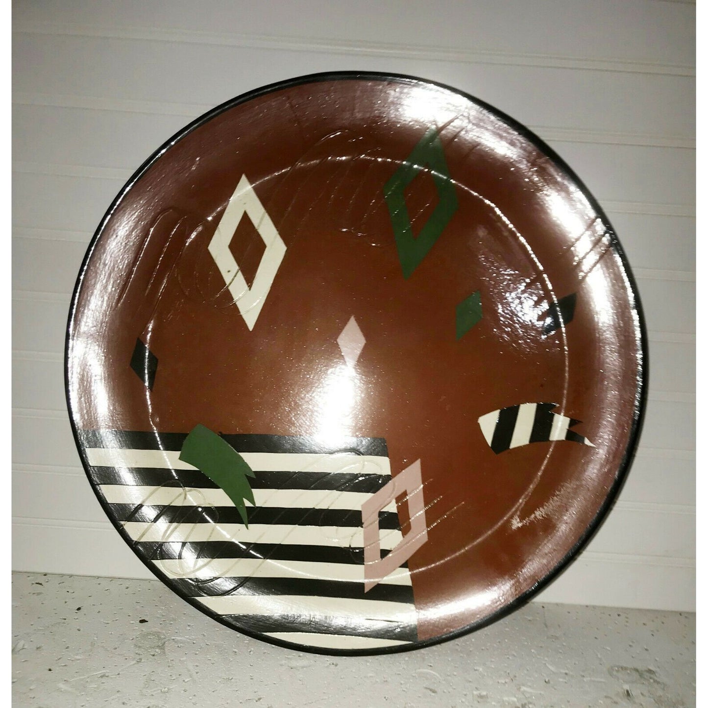 Signed Clay ART PLATTER Abstract Design Geometric 17"Glazed Modern