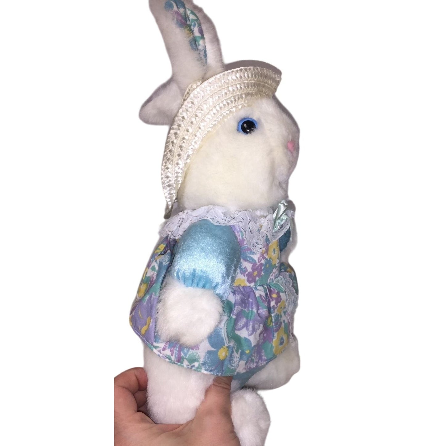 Sweet Smiling White Easter Bunny Rabbit Plush with Straw Hat and Blue, Purple Yellow Floral Print Dress and Accents