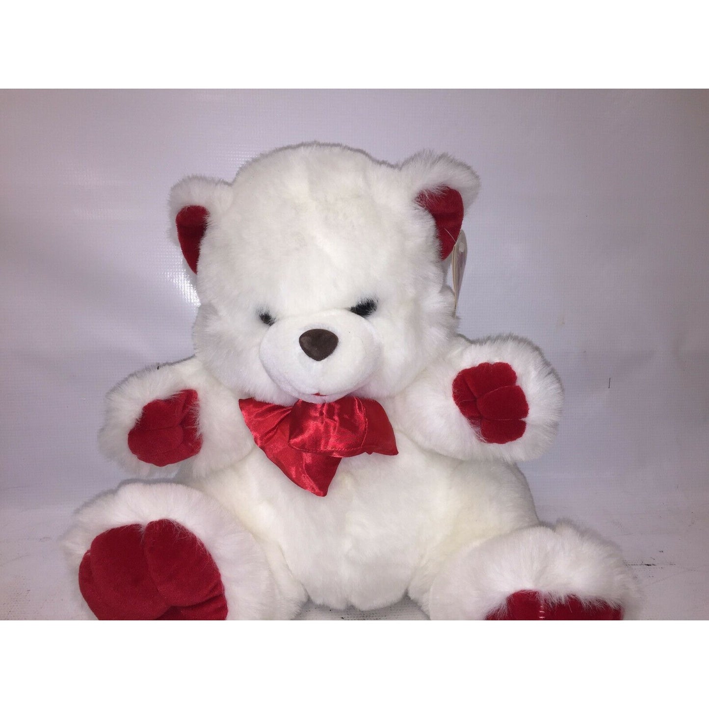 Fluffy White Stuffed VALENTINE'S DAY BEAR Plush RED Bow 16" Tall