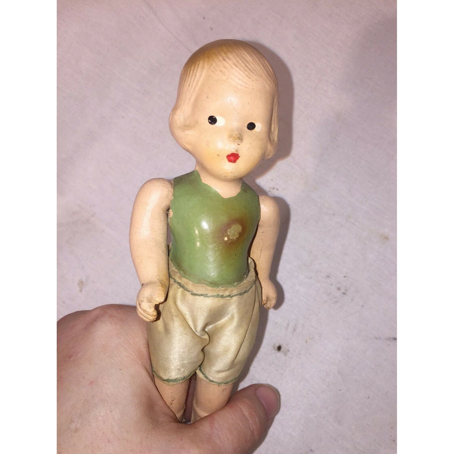 6" Antique BISQUE Doll w Pursed Lips Green Body Satin Shorts Cute