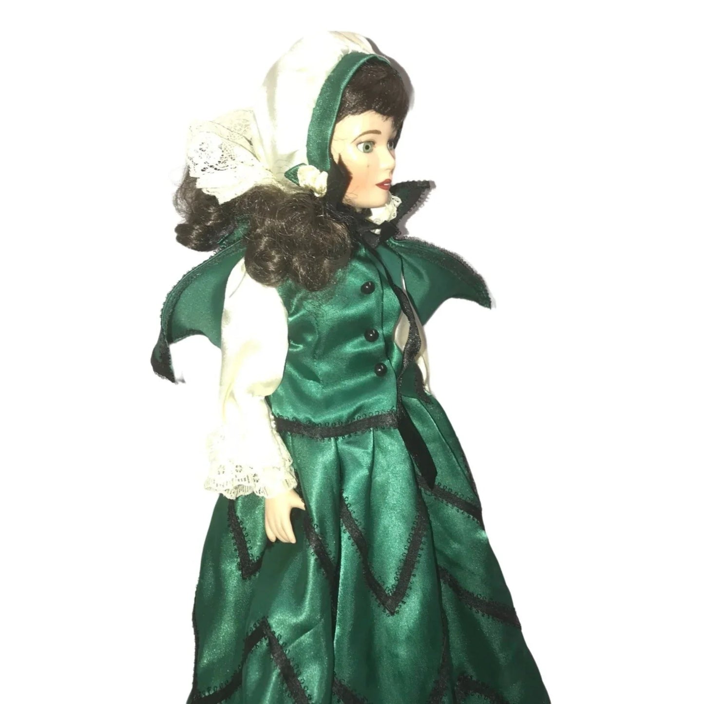 Royalton Collection 1998 porcelain doll - dark hair green silky dress - wig coming loose (need re-glued) - bright beautiful eyes - shoes pai Royalton Collection  A+ Stuff