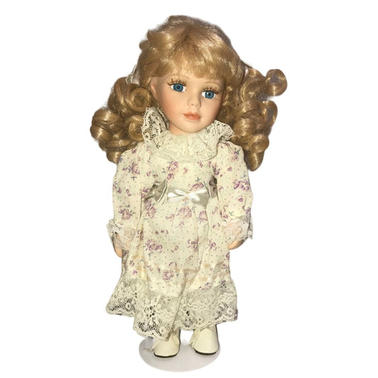 Sweet Faced 10" Porcelain doll - Fun long blonde curly Q Pigtails & big blue eyes - Beautiful face - great starter doll for your budding