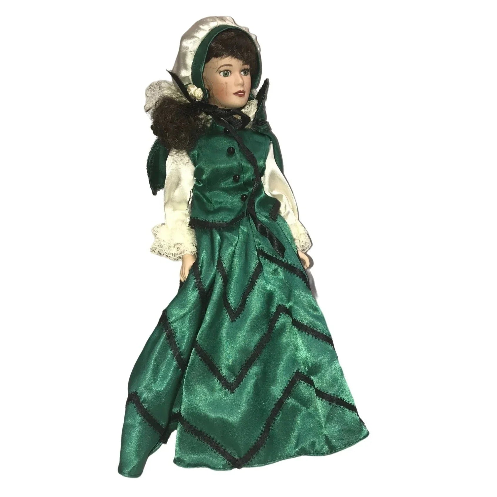 Royalton Collection 1998 porcelain doll - dark hair green silky dress - wig coming loose (need re-glued) - bright beautiful eyes - shoes pai Royalton Collection  A+ Stuff
