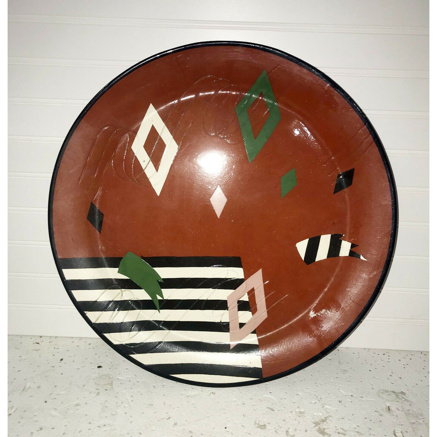 Signed Clay ART PLATTER Abstract Design Geometric 17"Glazed Modern