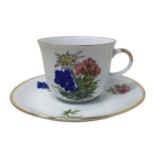 Stamped Fine China TEacup and Saucer Set - White, Pink and Purple Flowers w Gold Rim