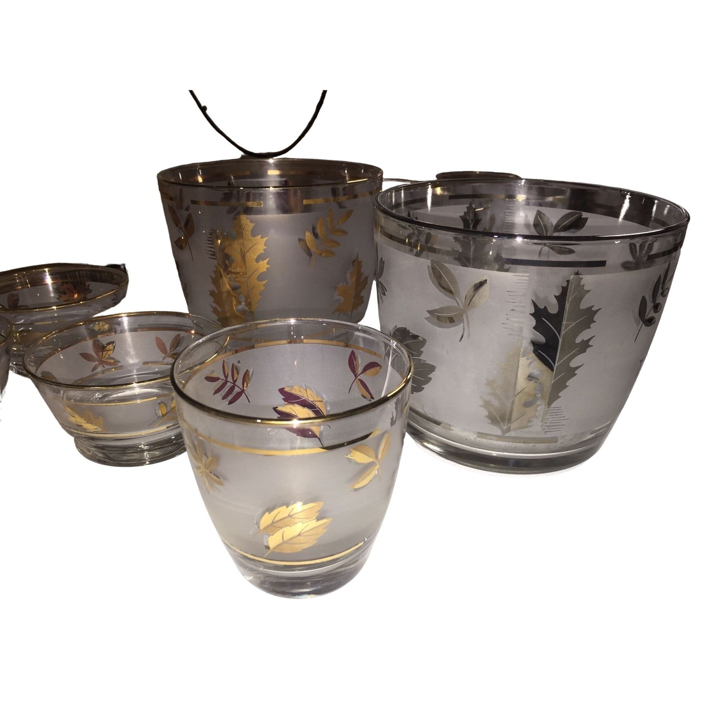 Vintage Cocktail Set 2 Icebuckets, Tumblers & Shot or fruit cups - 10 pieces all together frosted glass with leaves