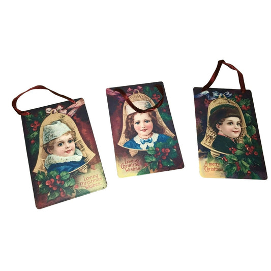 (3)WARM HOLIDAY WISHES Vtg Art Tin PLAQUE CHRISTMAS Tree Ornaments