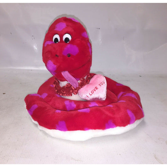 I LOVE YOU Red Valentines Day Red SNAKE Plush w Pink HEARTS Coiled