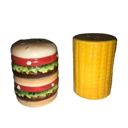 Novelty hamburger and ear of corn - salt and pepper shaker Set - fun style and decor - Dining , kitchen, fun table decor - Cookout, picnic,