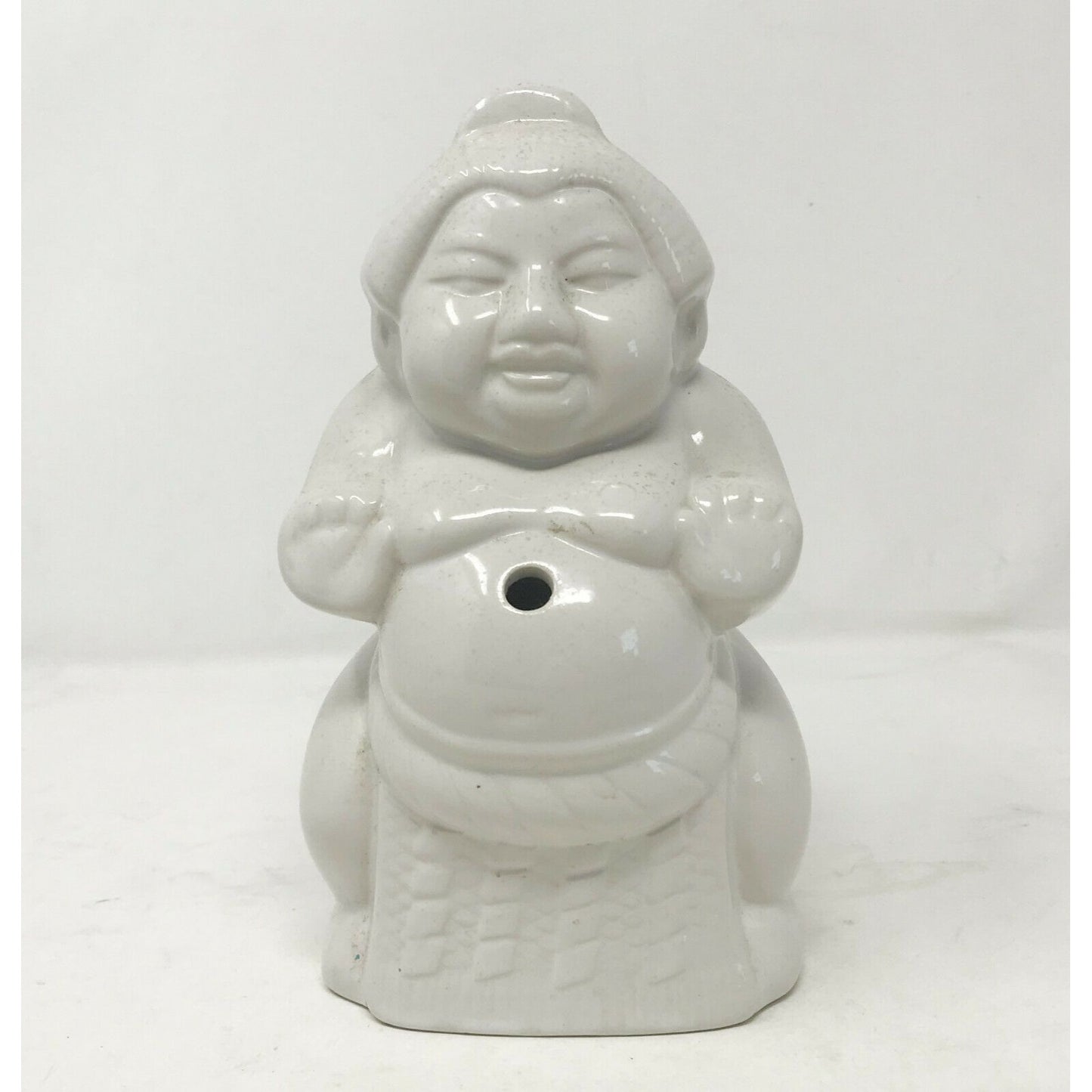 Ceramic BUDDHA Tiki Hands Out White w Hole for Straw or Incense