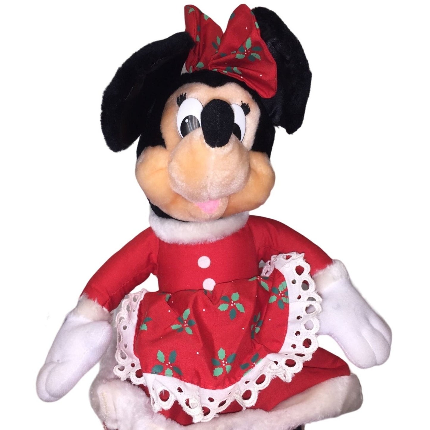 Vintage MINNIE MOUSE Christmas Plush by Applause - Red Dress Holly Bow - Red Mrs Claus Dress