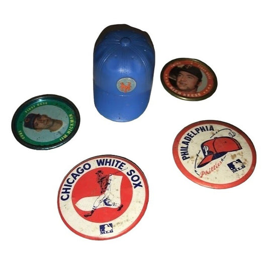 Vintage MLB Baseball collectibles - 2 pins - small plastic helmet - tin tokens - Jim Hickman - Rich Reese - sports memorabilia - baseball mo