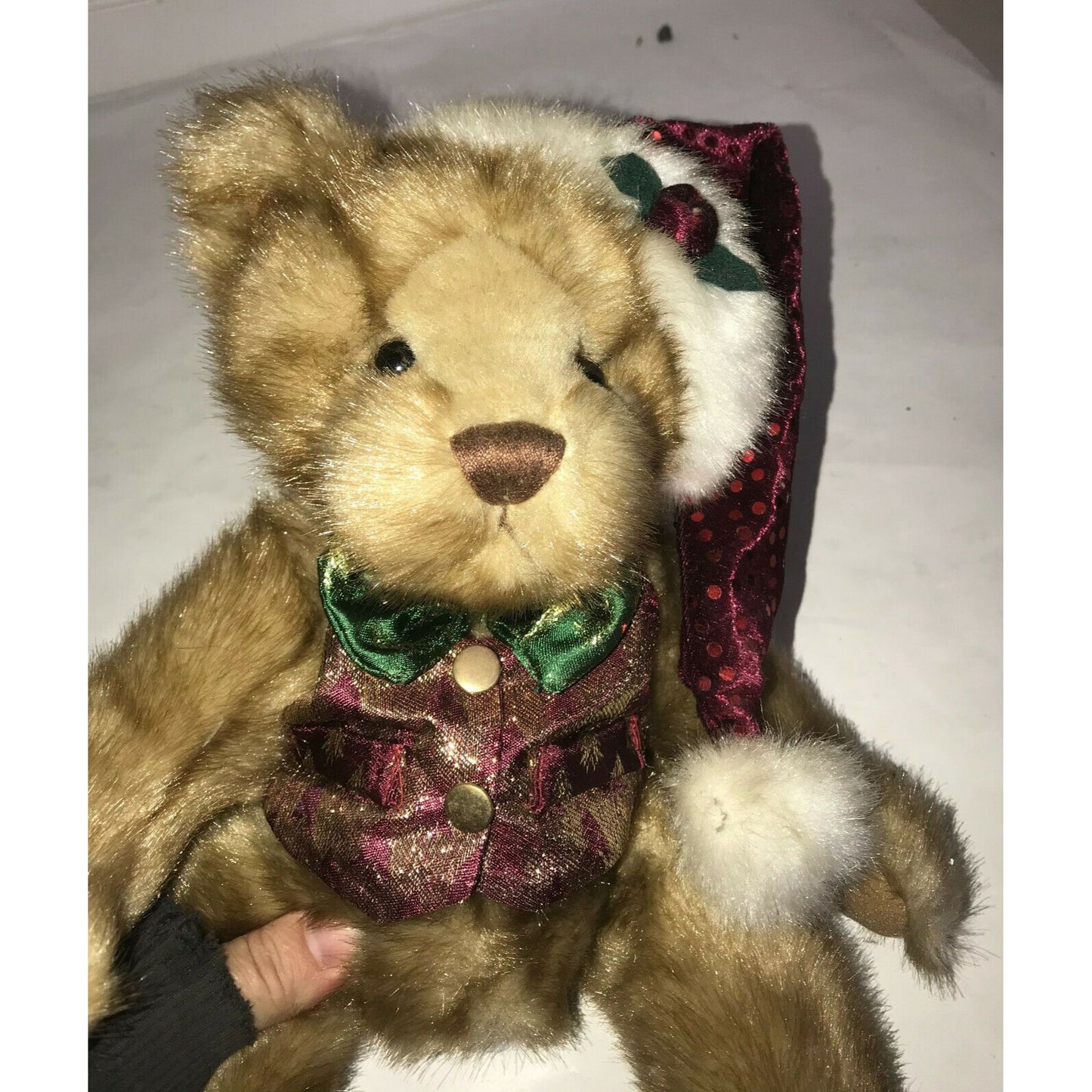 CHRISTMAS BEAR in SANTA Hat 13" Deep Red & Green Tie Holiday Decor