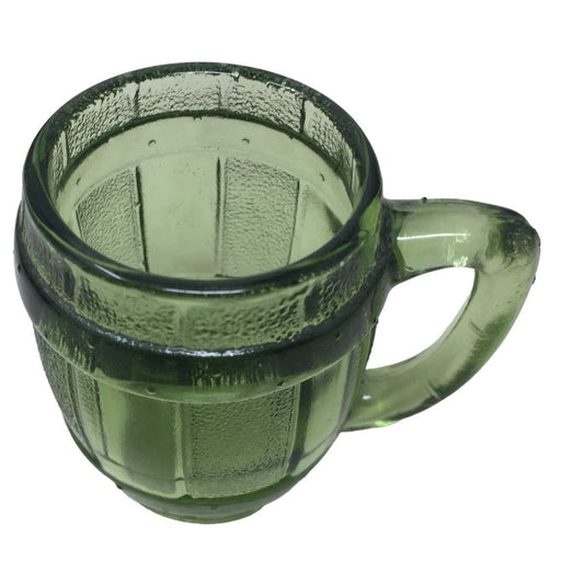 Green Glass Barrel Shaped Mug Style Shot Glass - Cute vintage Colored Glass Barware