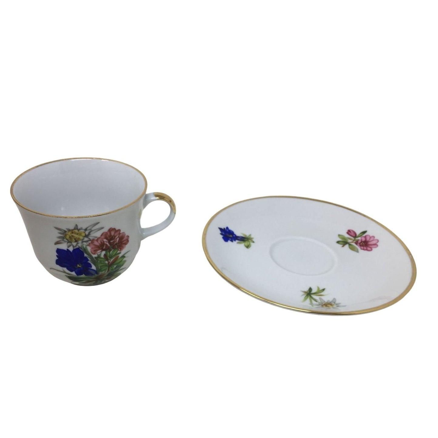 Stamped Fine China TEacup and Saucer Set - White, Pink and Purple Flowers w Gold Rim