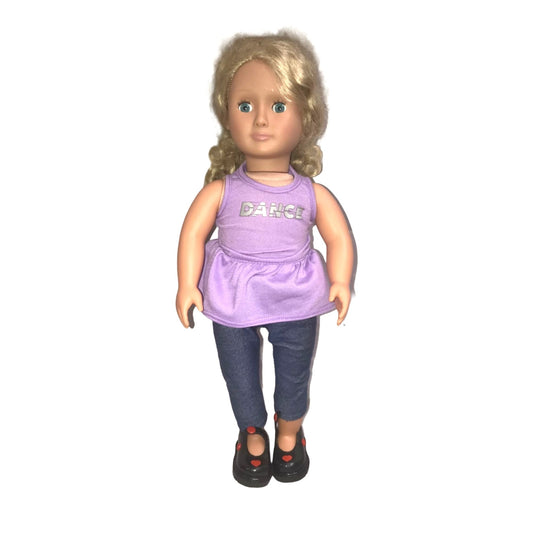 OUR GENERATION Blonde Long Haried 18" Doll with Sweet Face and Purple "DANCE" Shirt