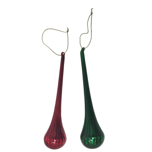 Pair of Blown Art Glass Christmas Ornaments - Long Teardrop  Shape Red and Green