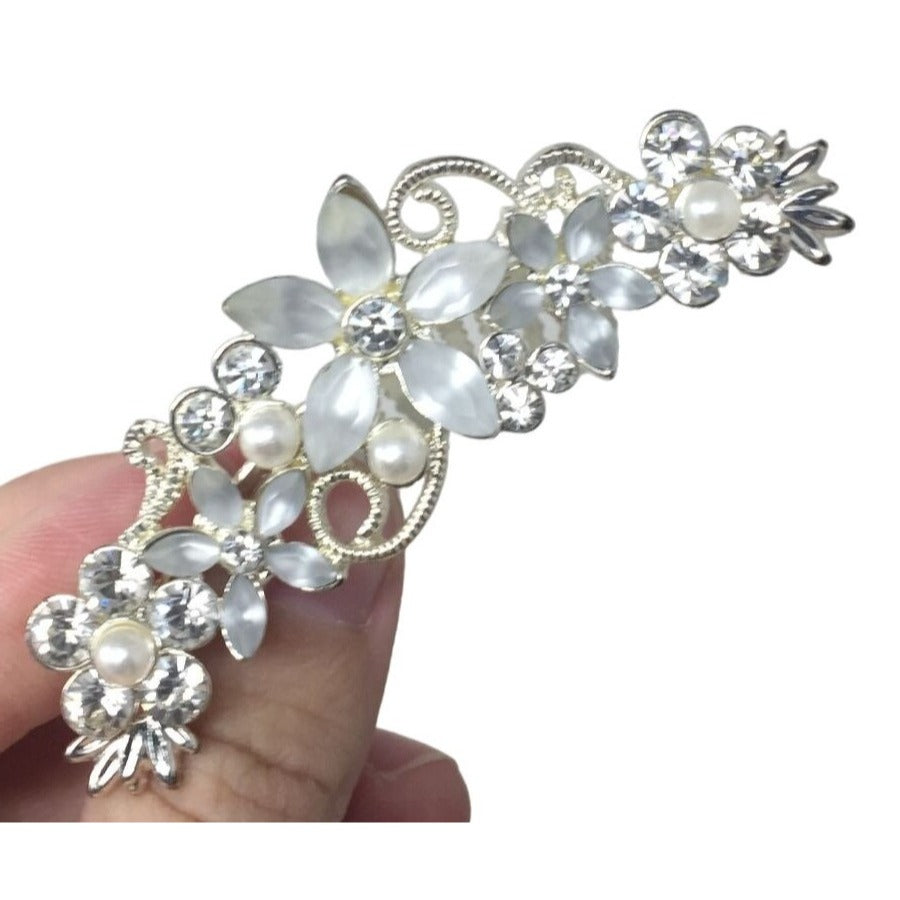 Pretty Hair Clip with Flowers and Faux Pearls and Stones with Ornate Design